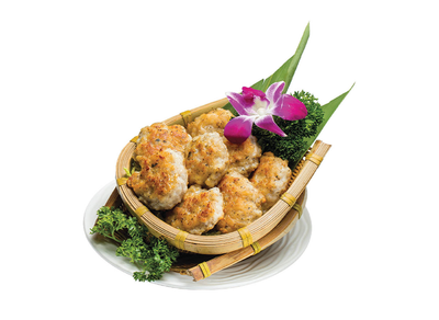 Pan-fried handmade lotus root and squid cakes with black truffle